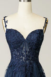 Sexy A Line Spaghetti Straps Navy Prom Dress with Appliques Formal Dress HZ1121