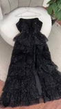 Sparkly Stunning Black Sequined Sleeveless Strapless Long Prom Dress with Split HZ1121