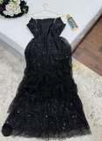 Sparkly Stunning Black Sequined Sleeveless Strapless Long Prom Dress with Split HZ1121