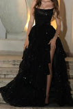 Sparkly Stunning Black Sequined Sleeveless Strapless Long Prom Dress with Split HZ1121