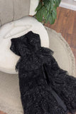 Sparkly Stunning Black Sequined Sleeveless Strapless Long Prom Dress with Split HZ1121