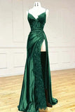 Sexy Sheath Satin Prom Dresses with Slit, Spaghetti Strap Formal Dress HZ1121