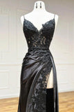 Sexy Sheath Satin Prom Dresses with Slit, Spaghetti Strap Formal Dress HZ1121