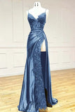 Sexy Sheath Satin Prom Dresses with Slit, Spaghetti Strap Formal Dress HZ1121