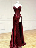 Sexy Sheath Satin Prom Dresses with Slit, Spaghetti Strap Formal Dress HZ1121