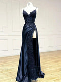 Sexy Sheath Satin Prom Dresses with Slit, Spaghetti Strap Formal Dress HZ1121