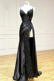 Sexy Sheath Satin Prom Dresses with Slit, Spaghetti Strap Formal Dress HZ1121