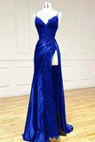 Sexy Sheath Satin Prom Dresses with Slit, Spaghetti Strap Formal Dress HZ1121