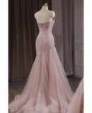 Luxury Sequined Pink Tulle Gorgeous Mermaid Prom Dress Evening Dresses HZ1121