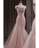 Luxury Sequined Pink Tulle Gorgeous Mermaid Prom Dress Evening Dresses HZ1121