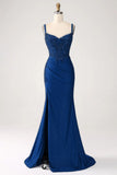 Luxury Sequin Royal Blue Mermaid Thin Shoulder Strap Sticker Long Prom Dress Evening Dresses HZ1121