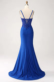 Luxury Sequin Royal Blue Mermaid Thin Shoulder Strap Sticker Long Prom Dress Evening Dresses HZ1121