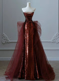 Burgundy Mermaid Sequins Tulle Strapless Prom Dress Evening Dresses HZ1121