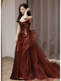 Burgundy Mermaid Sequins Tulle Strapless Prom Dress Evening Dresses HZ1121