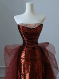 Burgundy Mermaid Sequins Tulle Strapless Prom Dress Evening Dresses HZ1121