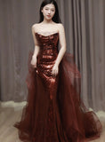 Burgundy Mermaid Sequins Tulle Strapless Prom Dress Evening Dresses HZ1121