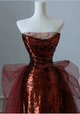 Burgundy Mermaid Sequins Tulle Strapless Prom Dress Evening Dresses HZ1121