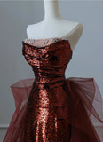 Burgundy Mermaid Sequins Tulle Strapless Prom Dress Evening Dresses HZ1121