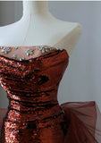 Burgundy Mermaid Sequins Tulle Strapless Prom Dress Evening Dresses HZ1121