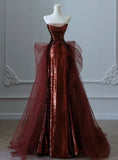 Burgundy Mermaid Sequins Tulle Strapless Prom Dress Evening Dresses HZ1121