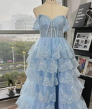 Fairy Off the Shoulder Light Blue Ruffles Prom Dress Party Gown Evening Dresses HZ1121