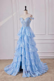 Fairy Off the Shoulder Light Blue Ruffles Prom Dress Party Gown Evening Dresses HZ1121