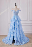 Fairy Off the Shoulder Light Blue Ruffles Prom Dress Party Gown Evening Dresses HZ1121