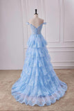 Fairy Off the Shoulder Light Blue Ruffles Prom Dress Party Gown Evening Dresses HZ1121