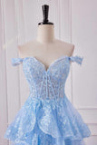 Fairy Off the Shoulder Light Blue Ruffles Prom Dress Party Gown Evening Dresses HZ1121