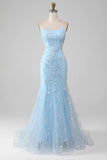 Mermaid Blush Spaghetti Straps Prom Dress With Appliques Evening Dresses HZ1121