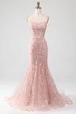 Mermaid Blush Spaghetti Straps Prom Dress With Appliques Evening Dresses HZ1121