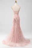 Mermaid Blush Spaghetti Straps Prom Dress With Appliques Evening Dresses HZ1121