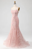 Mermaid Blush Spaghetti Straps Prom Dress With Appliques Evening Dresses HZ1121