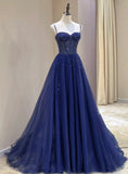 Pretty Navy Blue Spaghetti Straps Tulle Beading Prom Dress Evening Dresses HZ1121