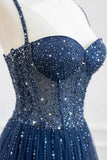 Pretty Navy Blue Spaghetti Straps Tulle Beading Prom Dress Evening Dresses HZ1121