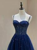 Pretty Navy Blue Spaghetti Straps Tulle Beading Prom Dress Evening Dresses HZ1121