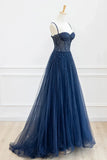 Pretty Navy Blue Spaghetti Straps Tulle Beading Prom Dress Evening Dresses HZ1121