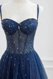 Pretty Navy Blue Spaghetti Straps Tulle Beading Prom Dress Evening Dresses HZ1121