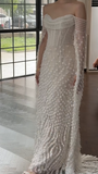 Timeless Off-the-shoulder Sheath Tulle Beading Luxury Wedding Dress, Long Sleeve Bridal Gowns HZ1121
