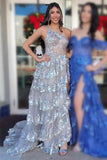 Sexy Navy Blue Tulle Sequin One-Shoulder Long Prom Dress with Slit HZ1121