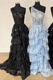 Sexy Navy Blue Tulle Sequin One-Shoulder Long Prom Dress with Slit HZ1121