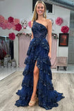 Sexy Navy Blue Tulle Sequin One-Shoulder Long Prom Dress with Slit HZ1121