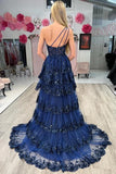 Sexy Navy Blue Tulle Sequin One-Shoulder Long Prom Dress with Slit HZ1121