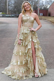 Sexy Navy Blue Tulle Sequin One-Shoulder Long Prom Dress with Slit HZ1121