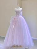 Pretty Ball Gown Strapless Sleeveless Long Pink Tulle Prom Dresses Evening Dresses HZ1121