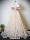 Cute A-Line Off Shoulder Tulle Lace Champagne Long Prom Dress, Champagne Sweet 16 Dress HZ1121