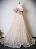 Cute A-Line Off Shoulder Tulle Lace Champagne Long Prom Dress, Champagne Sweet 16 Dress HZ1121