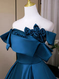 Elegant Off Shoulder A-Line Satin Long Prom Dress, Blue Formal Dresses HZ1121