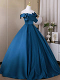 Elegant Off Shoulder A-Line Satin Long Prom Dress, Blue Formal Dresses HZ1121