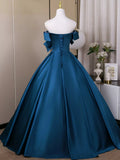 Elegant Off Shoulder A-Line Satin Long Prom Dress, Blue Formal Dresses HZ1121